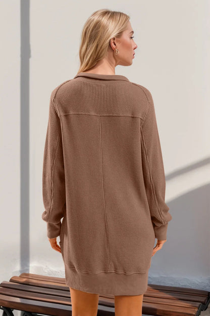 Double Take Waffle Long Sleeve Mini Dress with Pockets-Nordavory
