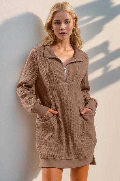 Double Take Waffle Long Sleeve Mini Dress with Pockets-Nordavory