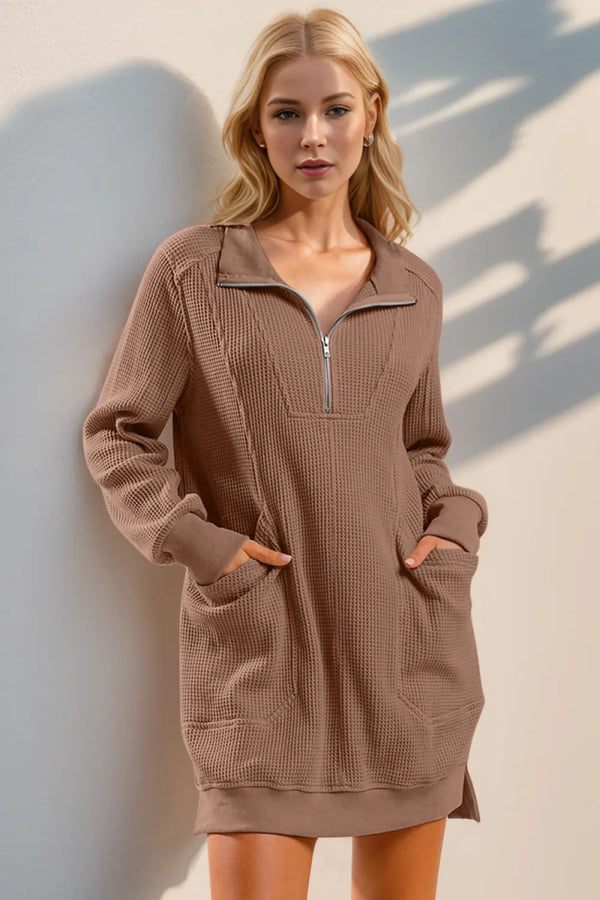 Double Take Waffle Long Sleeve Mini Dress with Pockets-Nordavory