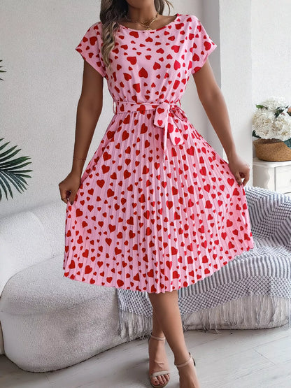 Heart Print Belted Pleated Midi Dress-Nordavory