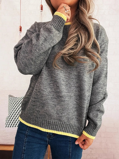 Ribbed Contrast Trim Long Sleeve Sweater-Nordavory
