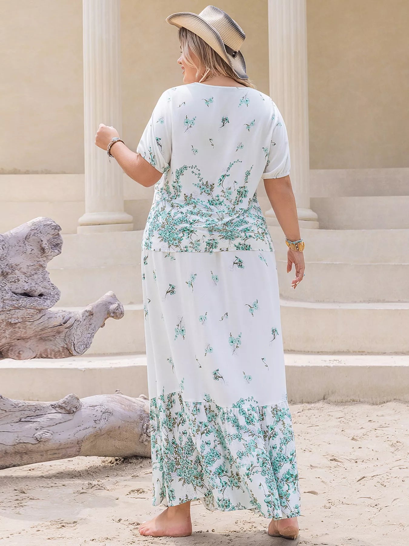 Plus Size Printed Lace Detail Short Sleeve Top and Skirt Set-Nordavory