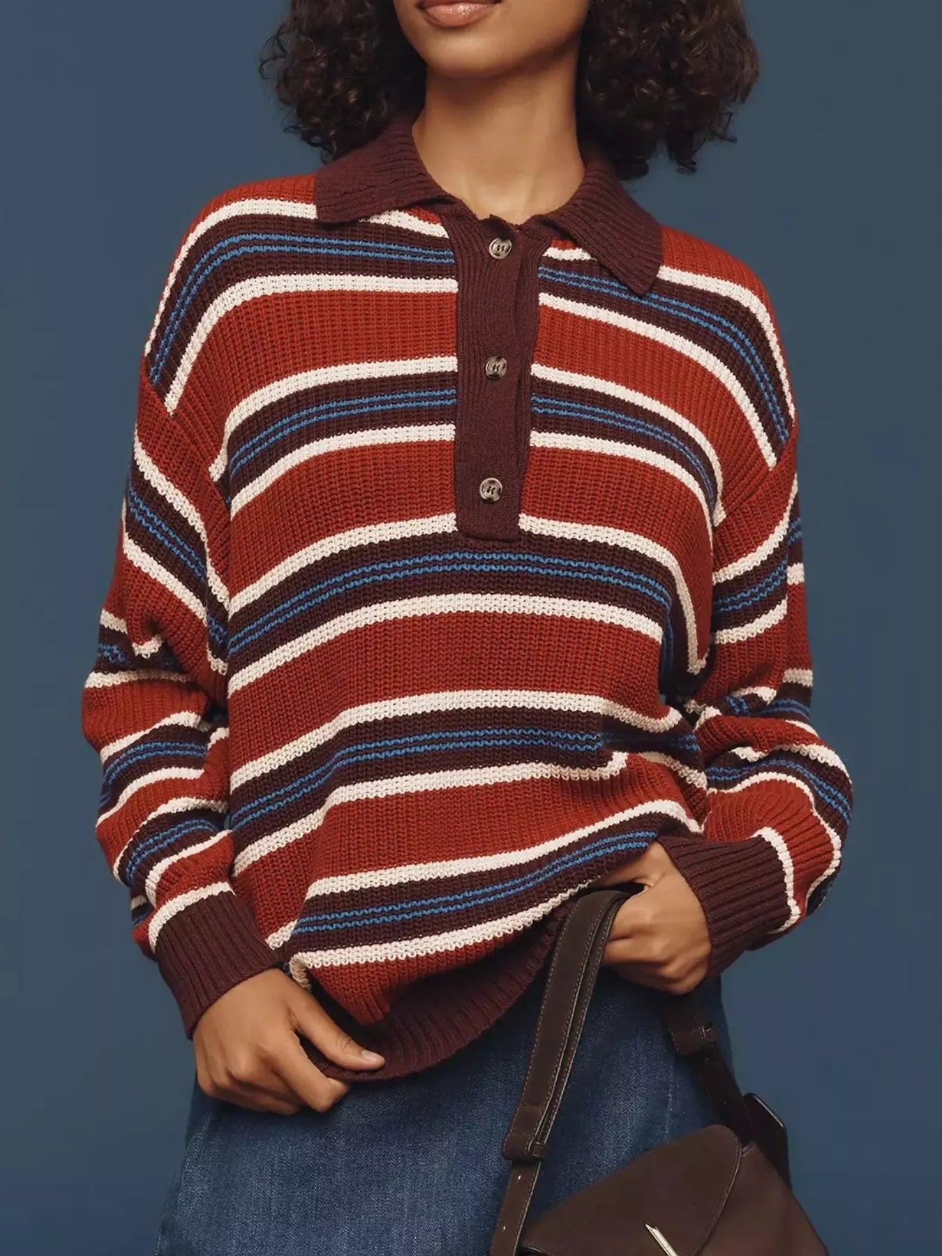 Striped Button Detail Polo Collar Sweater-Nordavory