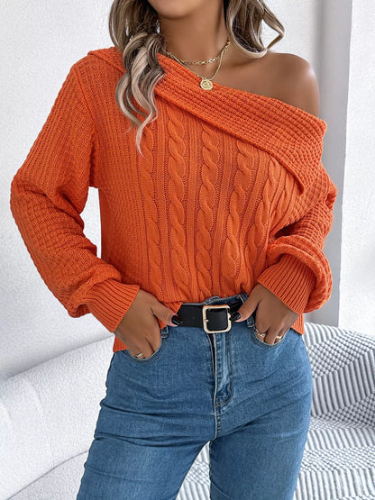 Off-Shoulder Cable Knit Sweater-Nordavory