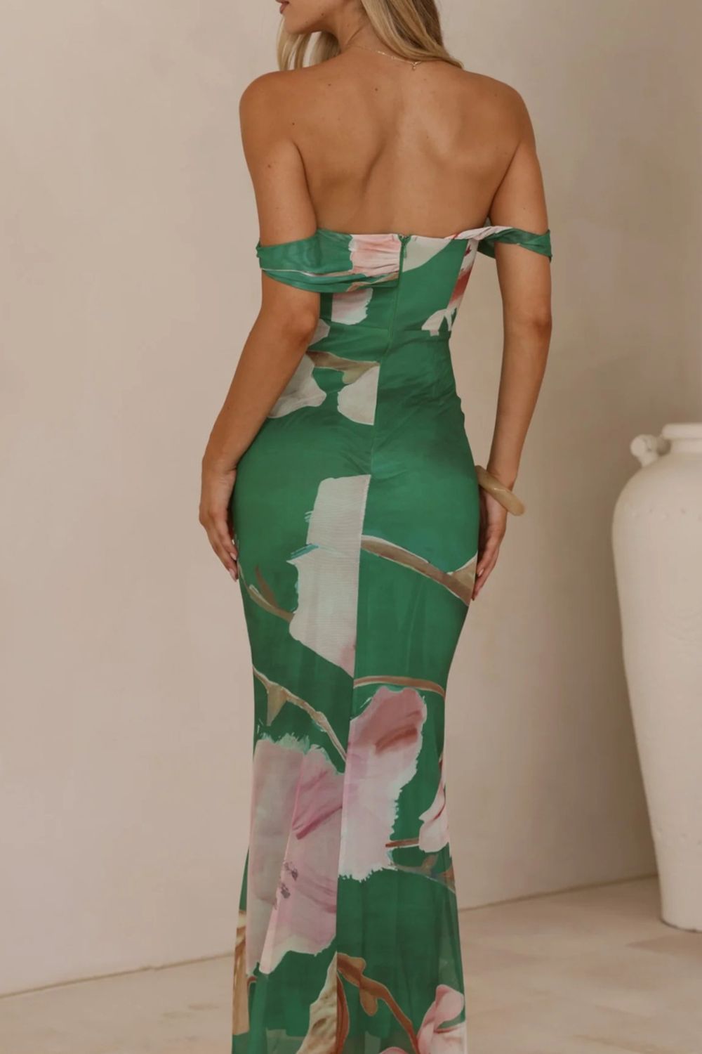 Floral Print One-Shoulder Ruched Maxi Dress-Nordavory