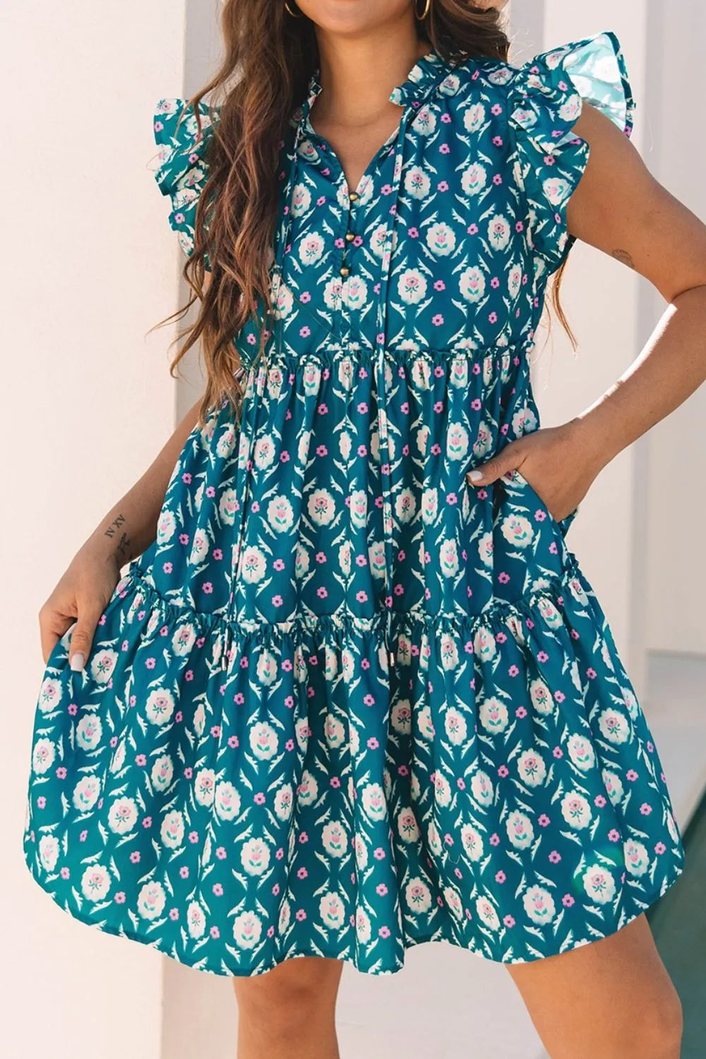 Printed Tie Neck Ruffled Cap Sleeve Dress-Nordavory