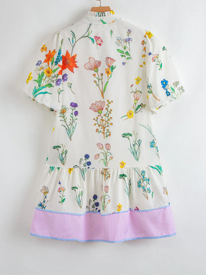 Floral Print Notched Short Sleeve Dress-Nordavory
