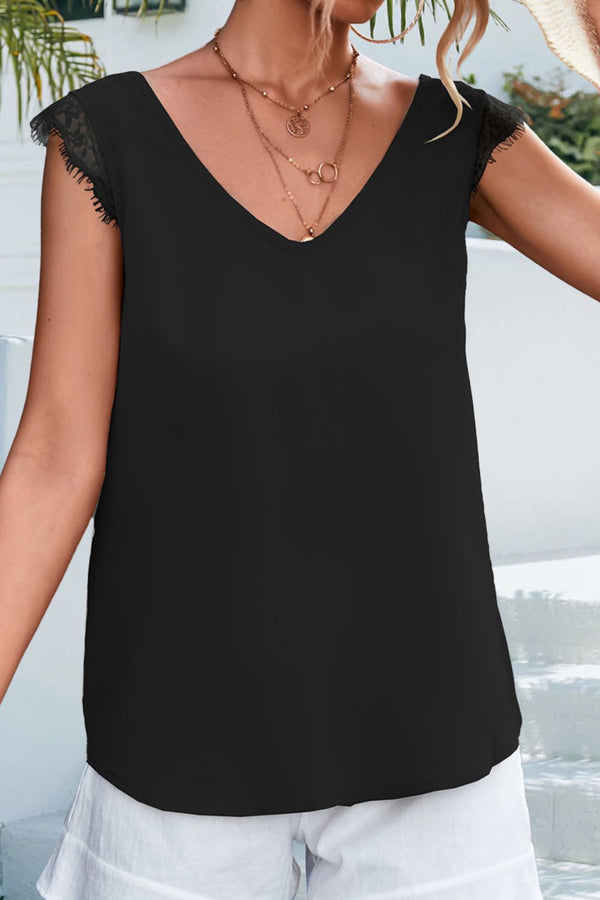 Lace Detail Eyelash Trim V-Neck Tank-Nordavory