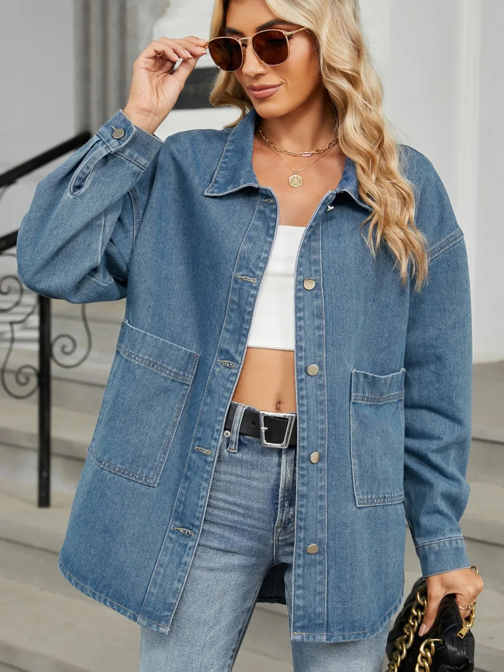 Removable Hood Button Up Long Sleeve Denim Jacket-Nordavory