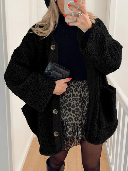 Contrast Button Up Sherpa Jacket with Pockets-Nordavory