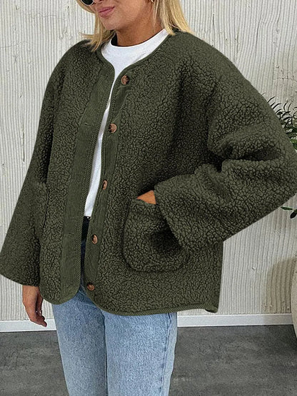 Contrast Button Up Sherpa Jacket with Pockets-Nordavory