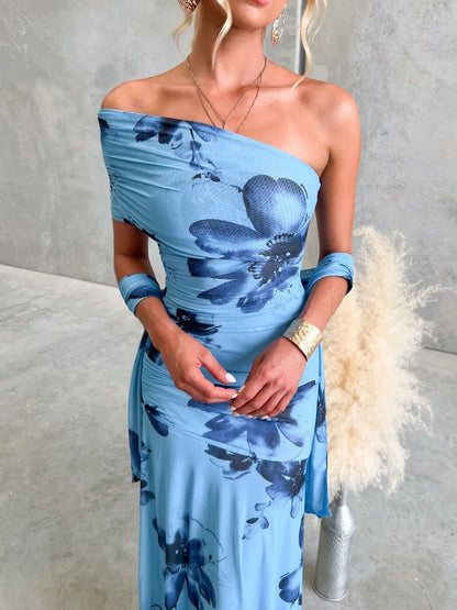 Floral Print One-Shoulder Ruched Maxi Dress-Nordavory