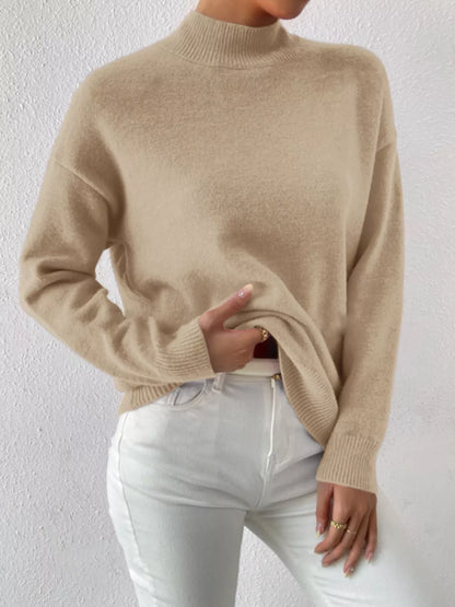 Mock Neck Dropped Shoulder Sweater-Nordavory