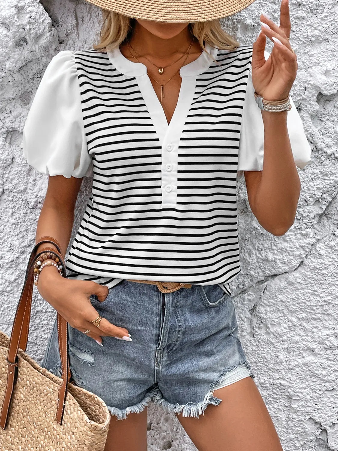 Striped Notched Short Sleeve T-Shirt-Nordavory