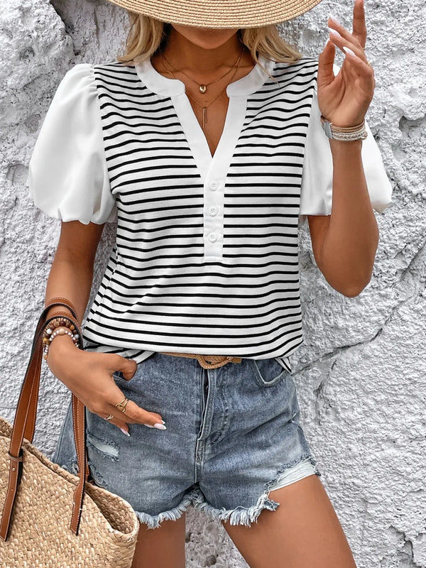 Striped Notched Short Sleeve T-Shirt-Nordavory