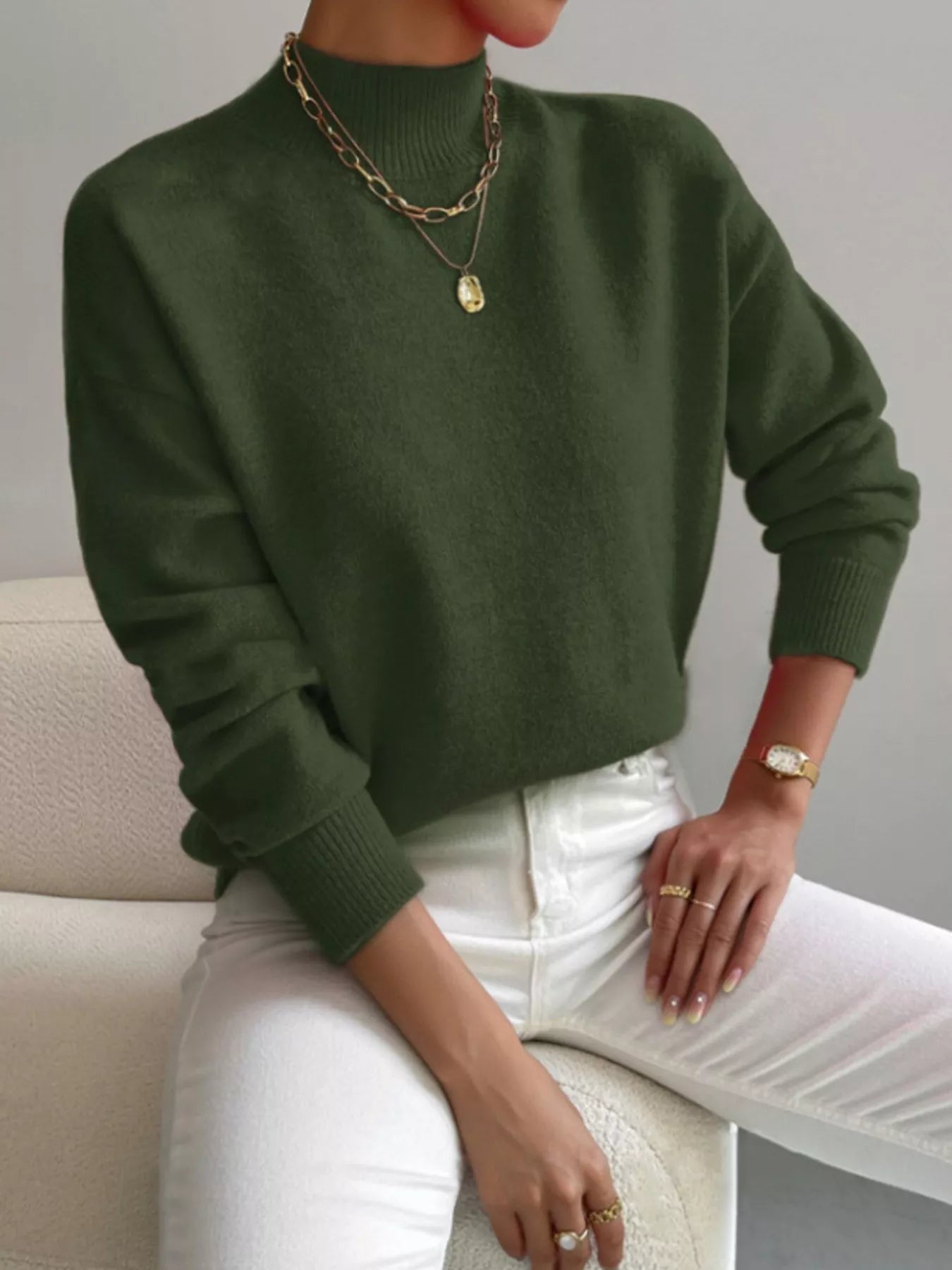 Mock Neck Dropped Shoulder Sweater-Nordavory