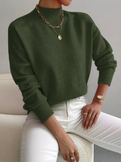 Mock Neck Dropped Shoulder Sweater-Nordavory
