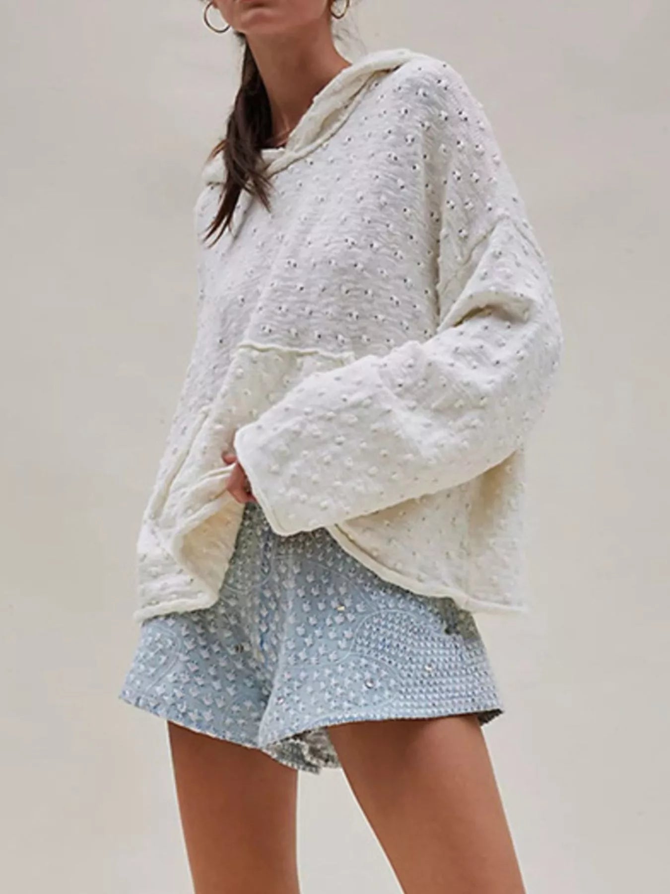 Textured Dot Knit Long Sleeve Hooded Sweater-Nordavory