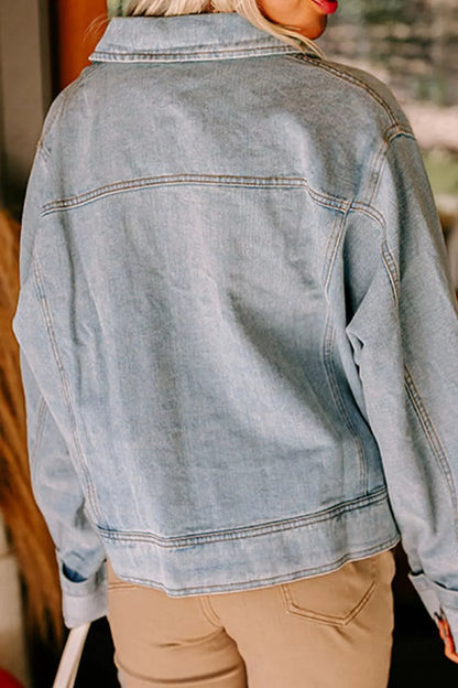 Zip Up Drop Shoulder Denim Jacket-Nordavory
