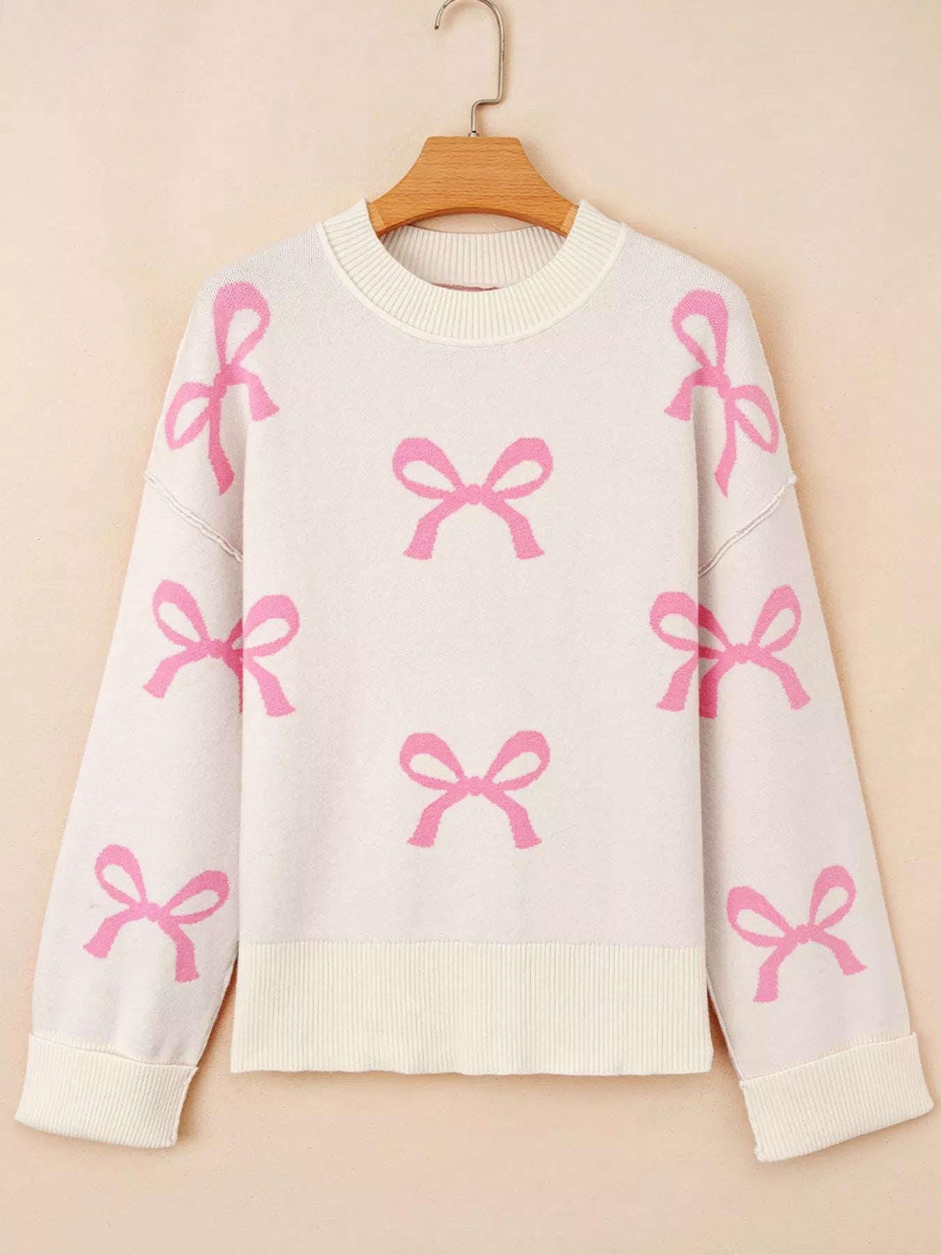 Bow Print Ribbed Trim Exposed Seam Drop Shoulder Loose Sweater-Nordavory