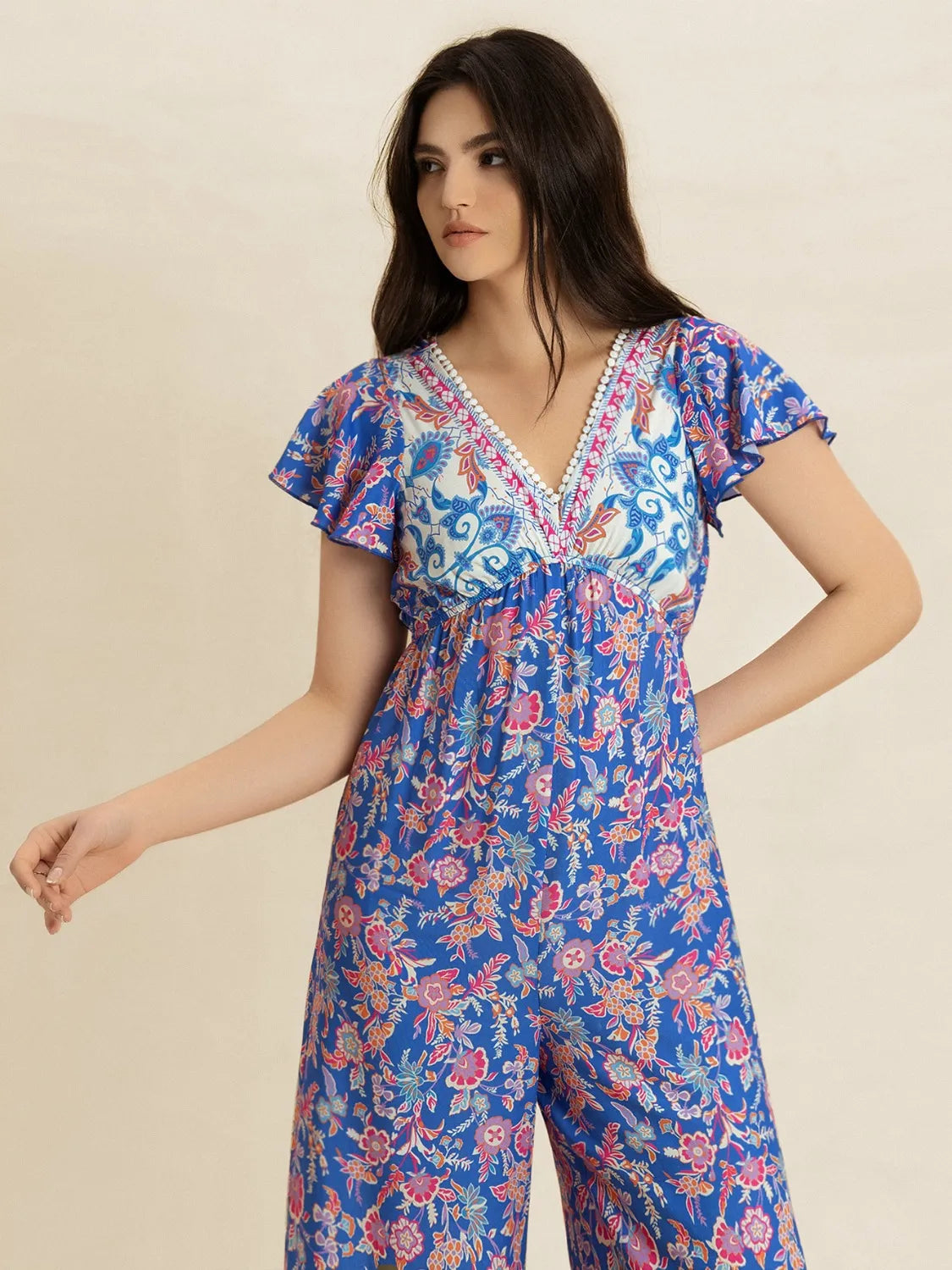 Printed V-Neck Wide Leg Jumpsuit-Nordavory