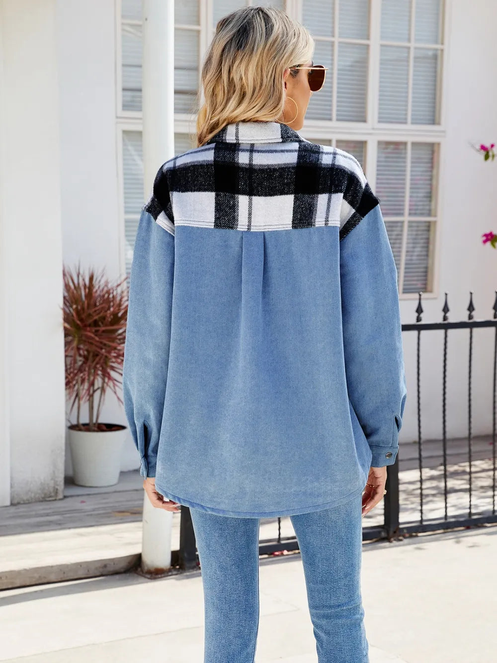 Pocketed Plaid Snap Down Denim Jacket-Nordavory