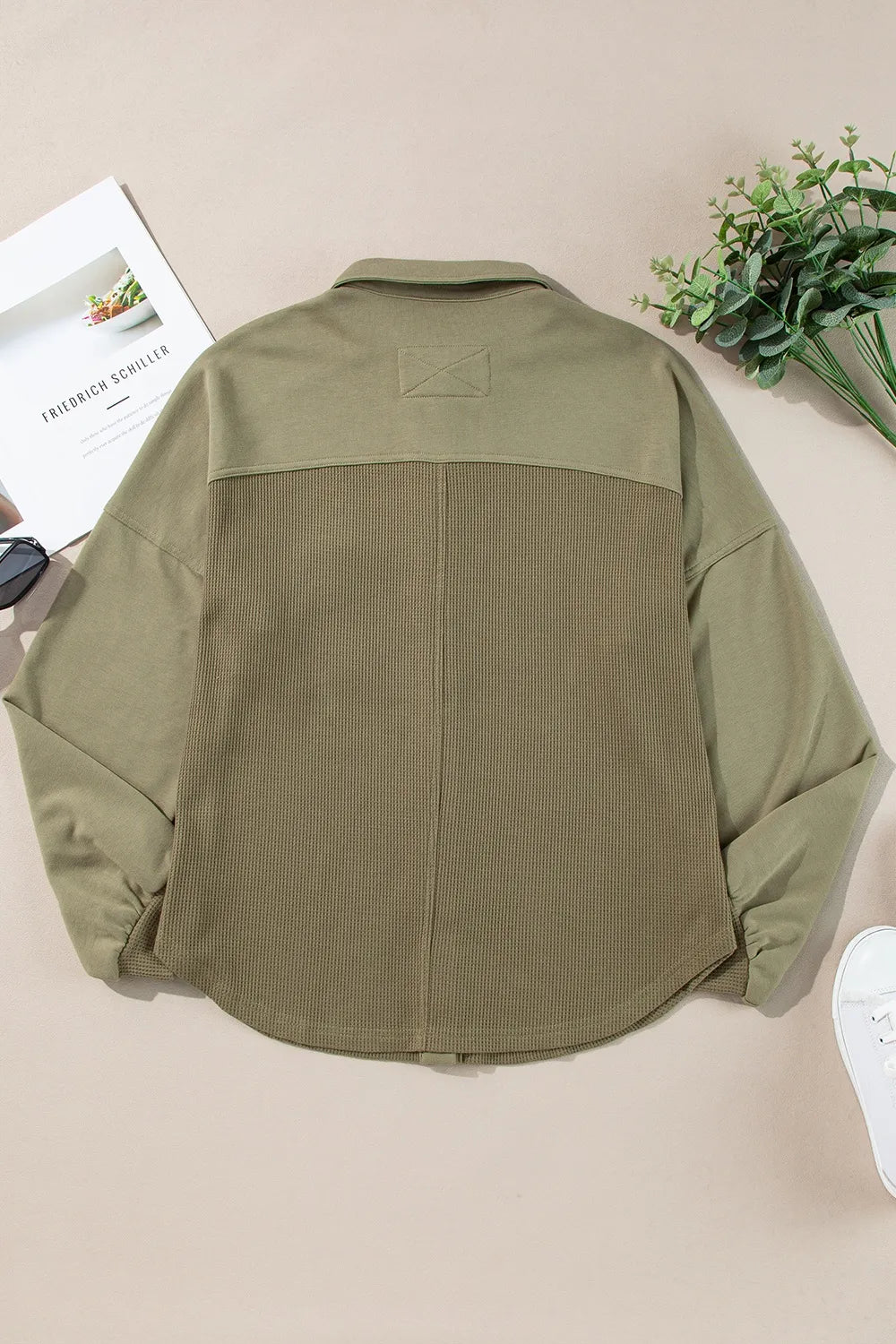 Waffle-Knit Collared Neck Long Sleeve Shacket-Nordavory