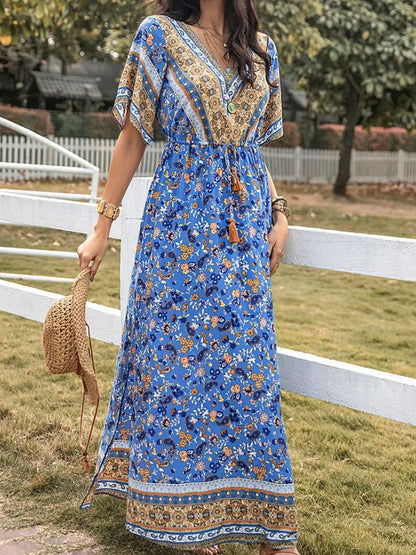 Slit Printed V-Neck Half Sleeve Maxi Dress-Nordavory