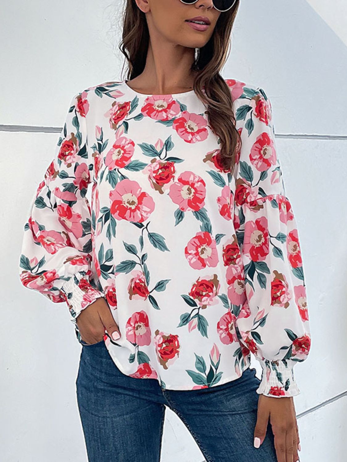 Perfee Floral Long Puff Sleeve Round Neck Blouse-Nordavory