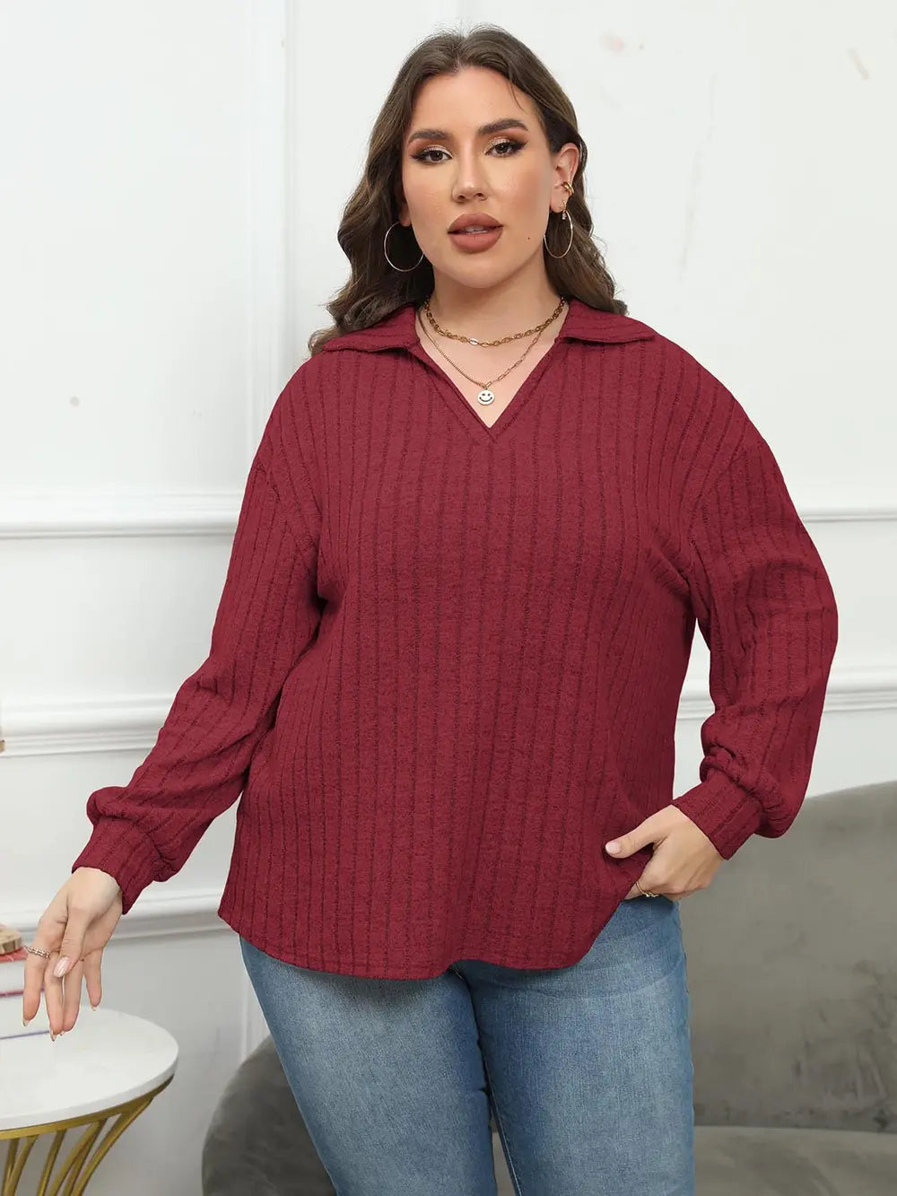 Plus Size Ribbed Collared Neck Long Sleeve Blouse-Nordavory