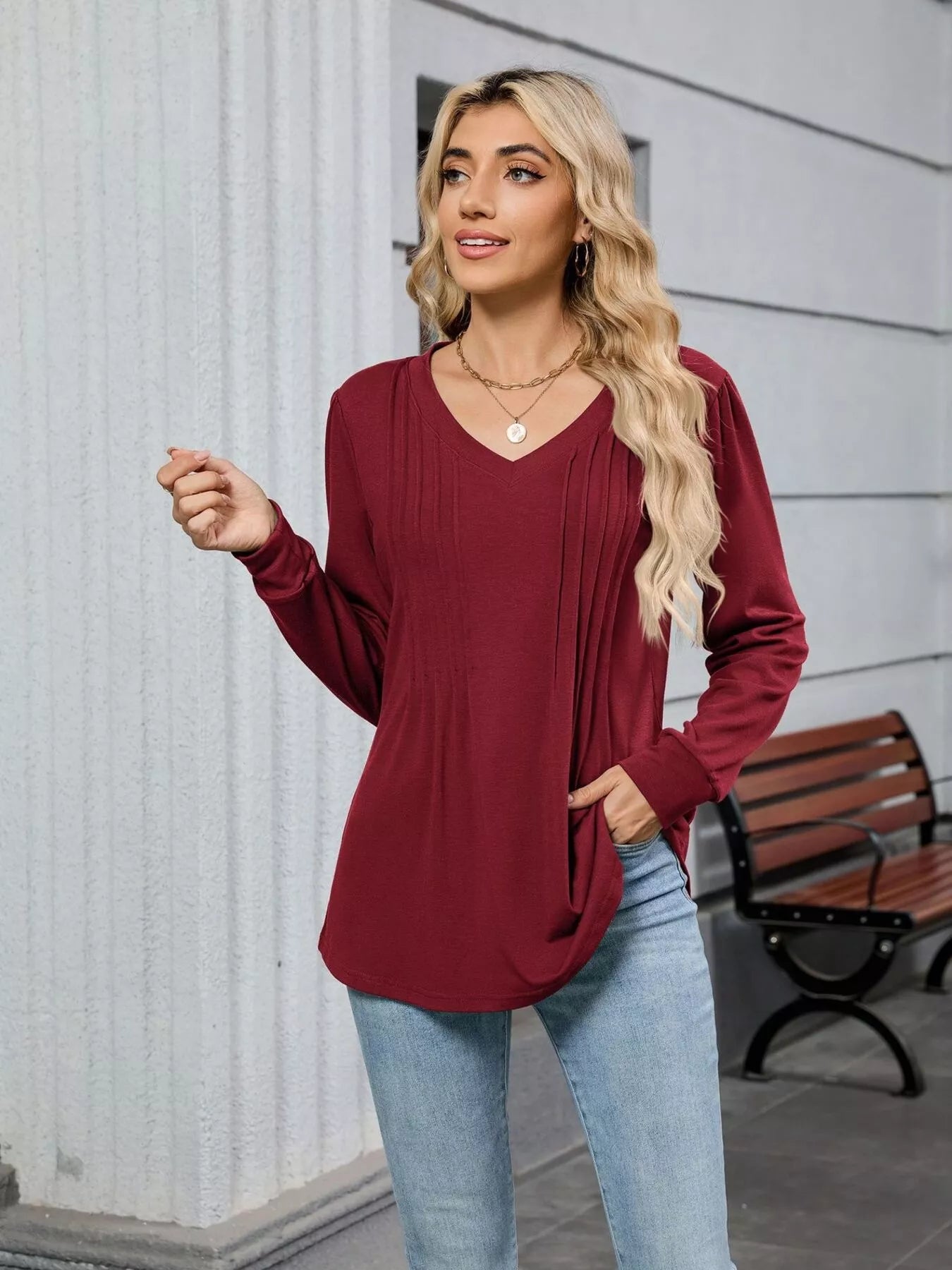 V-Neck Long Sleeve Relaxed Fit T-Shirt-Nordavory