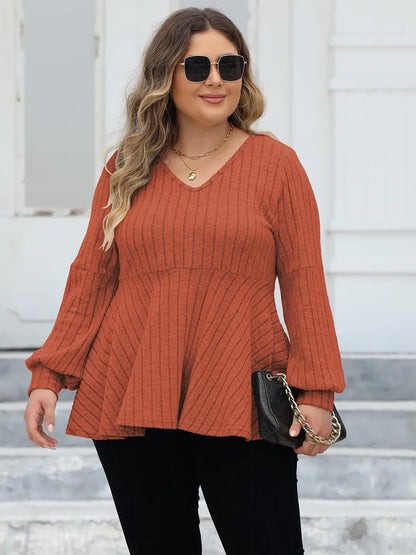 Plus Size Ribbed V-Neck Long Sleeve Blouse-Nordavory
