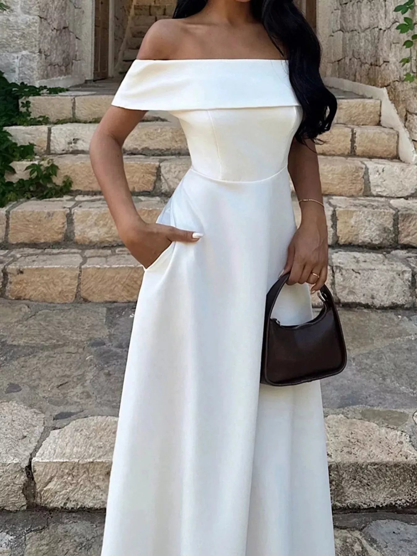 Off-Shoulder A-Line Maxi Dress-Nordavory