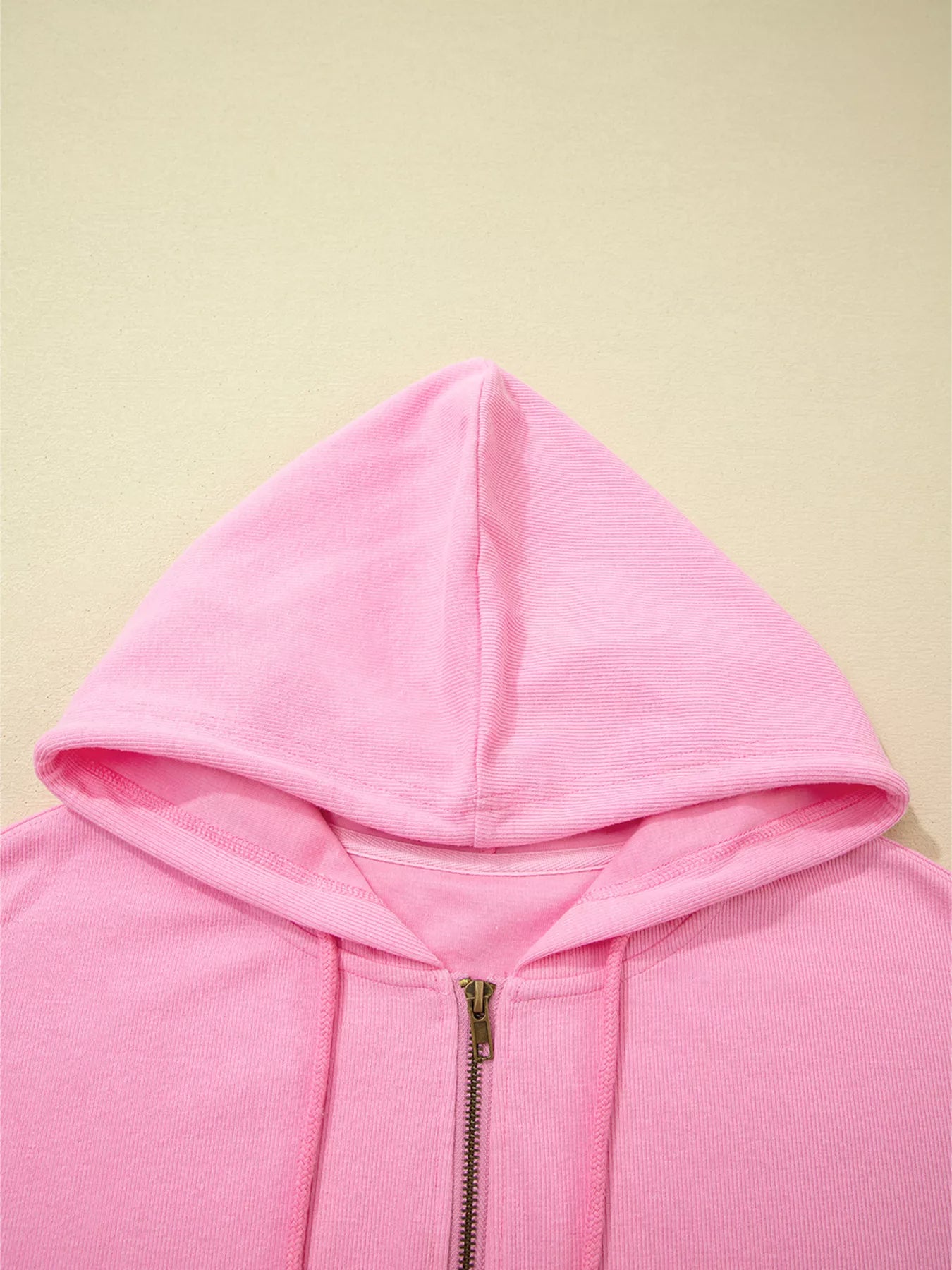 Solid Color Ribbed Zip Up Drawstring Hooded Jacket-Nordavory