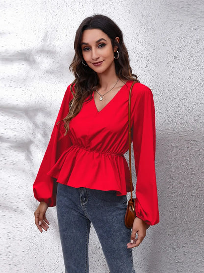 V-Neck Balloon Sleeve Peplum Blouse-Nordavory