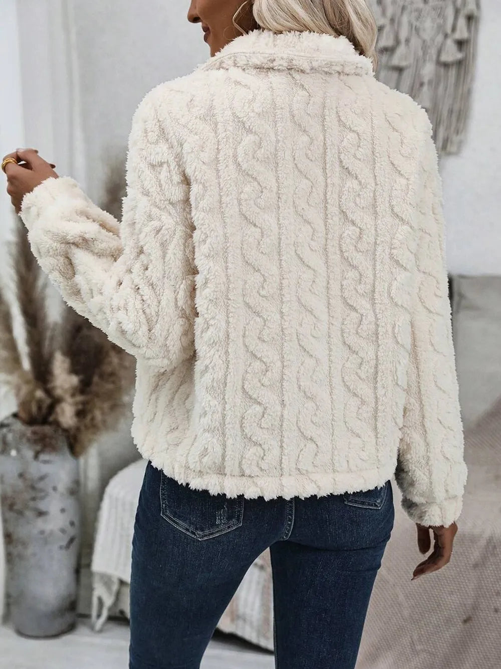 Fuzzy Button Up Collared Neck Jacket-Nordavory