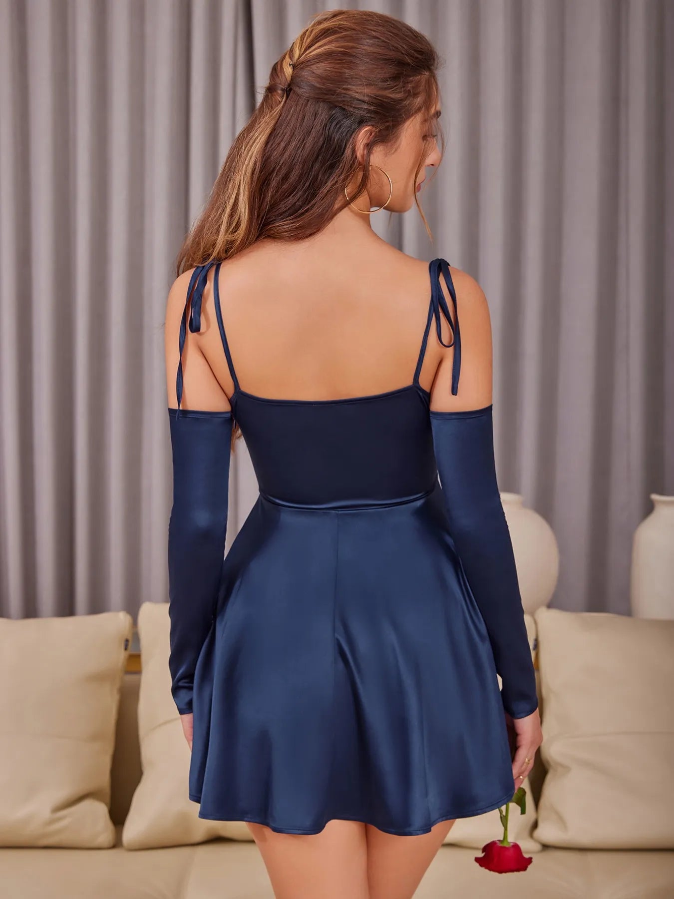 Asymmetrical Ruffle Hem Tie Shoulder Mini Dress-Nordavory