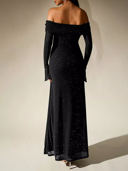 Glitter Off-Shoulder Maxi Dress-Nordavory