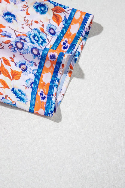 Mixed Floral Print Tie Neck Short Sleeve Dress-Nordavory