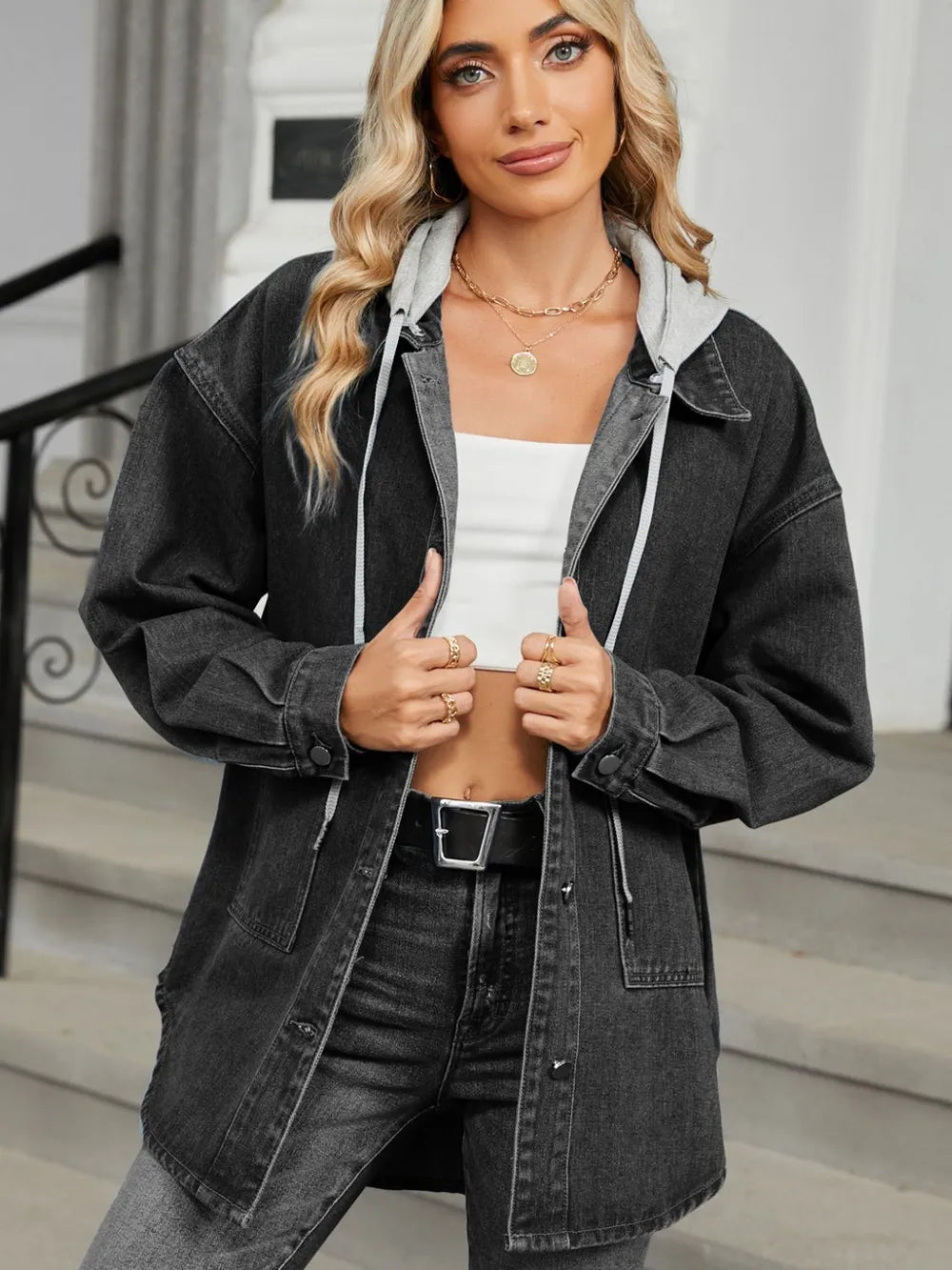 Removable Hood Button Up Long Sleeve Denim Jacket-Nordavory