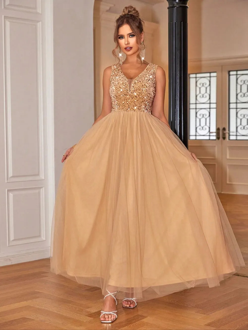 Sequin V-Neck Sleeveless Dress-Nordavory