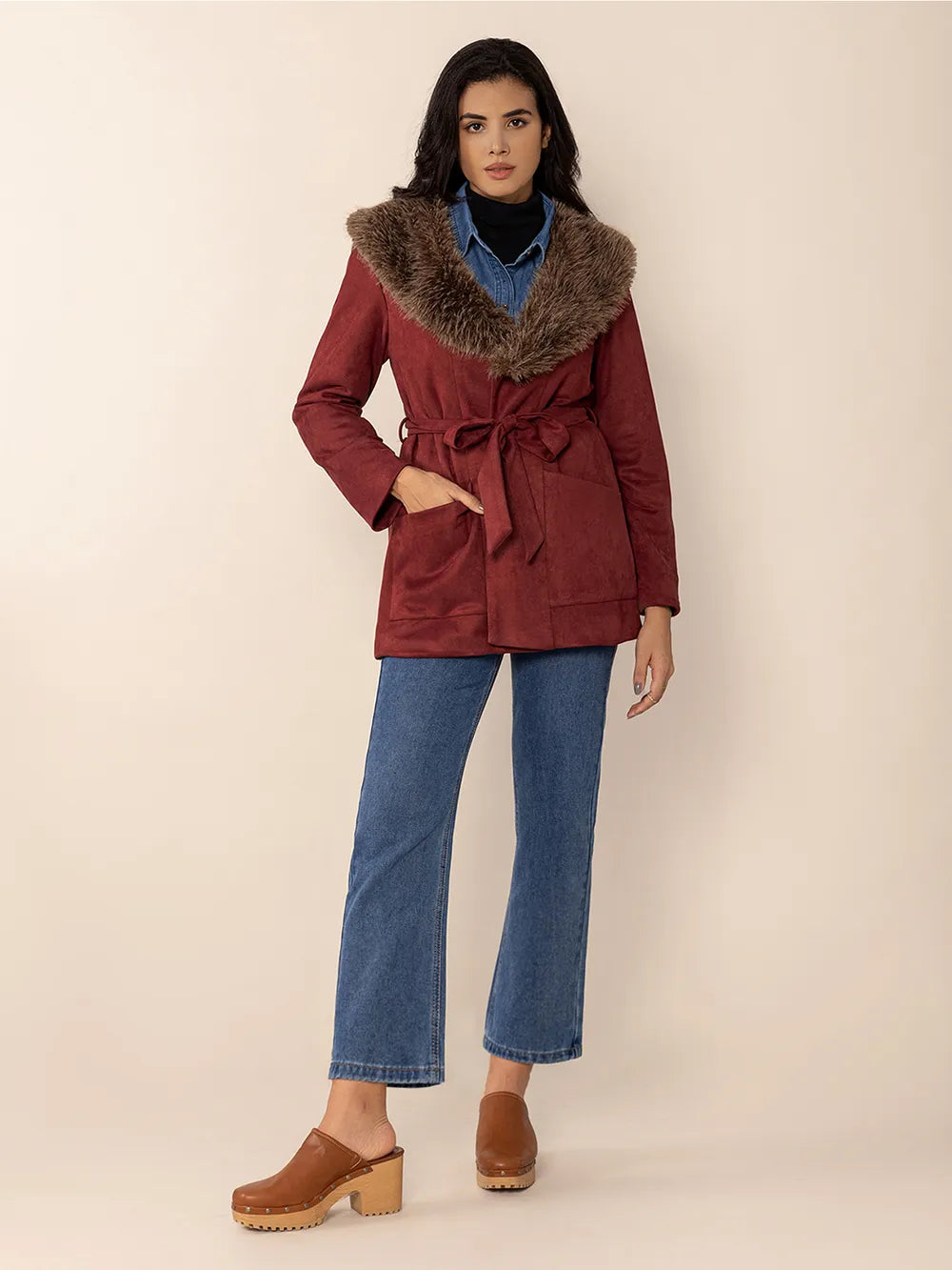 Fuzzy Collared Neck Tie Waist Jacket-Nordavory