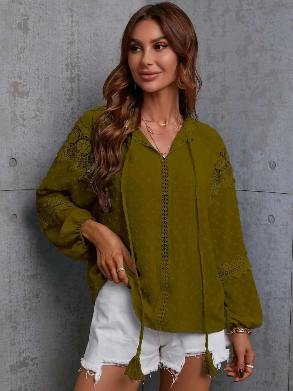 Crochet Tassel Tie Neck Long Sleeve Blouse-Nordavory