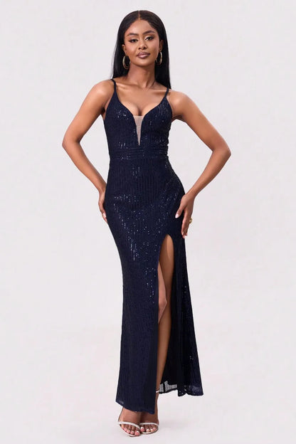 Split Sequin Backless Maxi Cami Dress-Nordavory