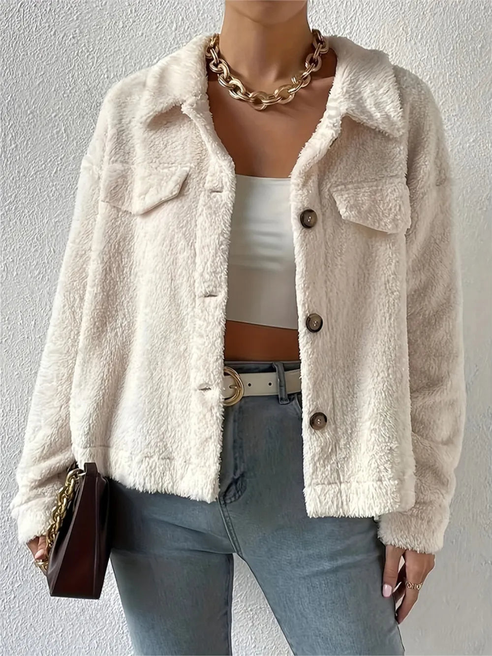 Collared Neck Button Up Jacket with Decorative Pocket Flaps-Nordavory