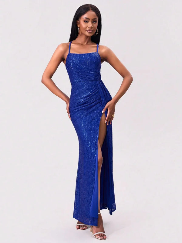 Slit Sequin Square Neck Spaghetti Strap Dress-Nordavory