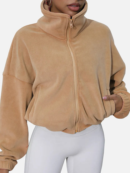 Drawstring Turtleneck Zip Up Long Sleeve Jacket-Nordavory