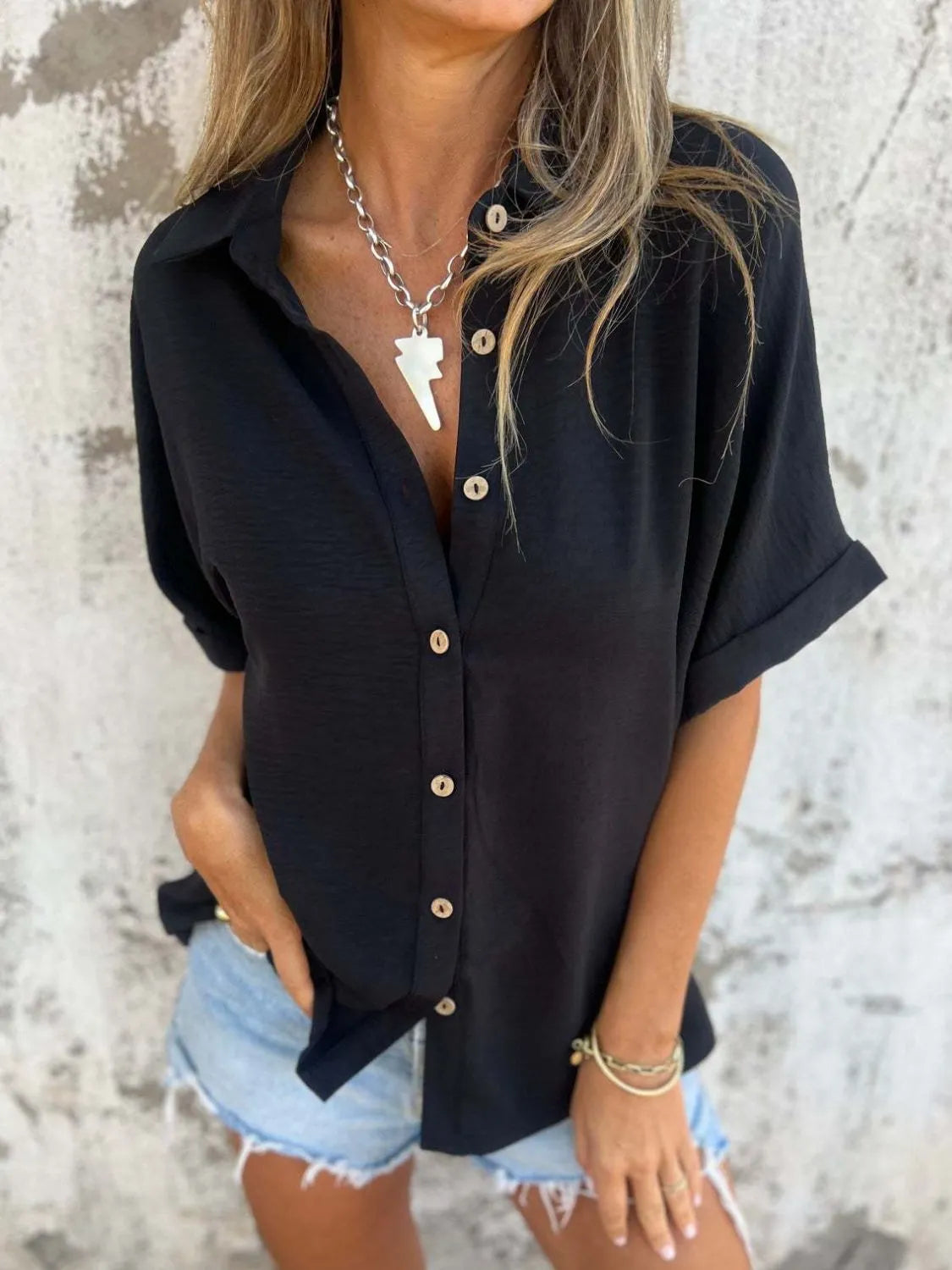 Full Size Collared Neck Half Sleeve Shirt Plus Size-Nordavory