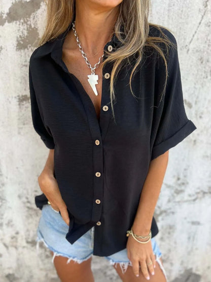 Full Size Collared Neck Half Sleeve Shirt Plus Size-Nordavory