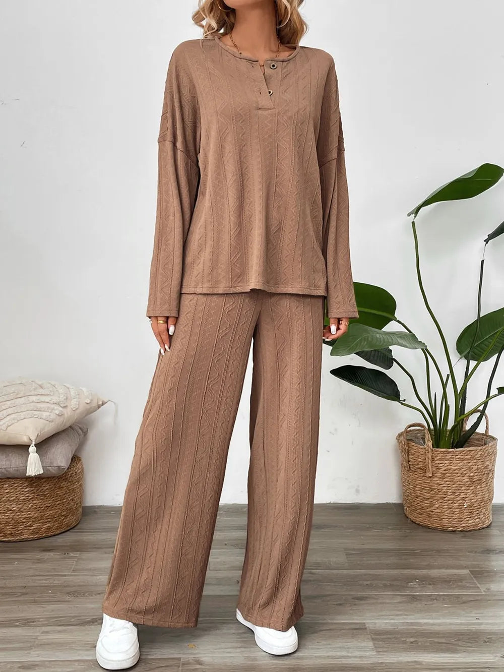 Perfee Quarter Button Long Sleeve Top and Pants Set-Nordavory